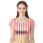 Vertical Stripes - White and Pastel Red Short Sleeve Crop Top (Tight Fit)