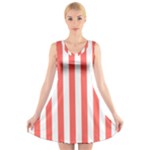 Vertical Stripes - White and Pastel Red V-Neck Sleeveless Dress