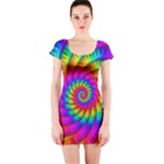 Psychedelic Fractal Rainbow Spiral  Short Sleeve Bodycon Dress