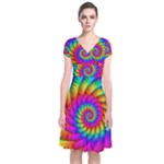 Psychedelic Fractal Rainbow Spiral  Short Sleeve Front Wrap Dress