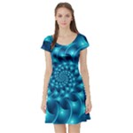 Glossy Light Blue Spiral Fractal Short Sleeve Skater Dress