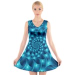 Glossy Light Blue Spiral Fractal V-Neck Sleeveless Dress