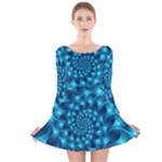 Glossy Light Blue Spiral Fractal Long Sleeve Velvet Skater Dress