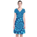 Glossy Light Blue Spiral Fractal Short Sleeve Front Wrap Dress