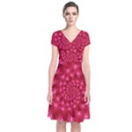 Glossy Rose Pink Spiral Fractal  Short Sleeve Front Wrap Dress