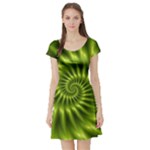 Glossy Lime Green Spiral Fractal  Short Sleeve Skater Dress