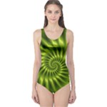 Glossy Lime Green Spiral Fractal  One Piece Swimsuit