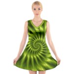 Glossy Lime Green Spiral Fractal  V-Neck Sleeveless Dress