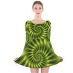 Glossy Lime Green Spiral Fractal  Long Sleeve Velvet Skater Dress