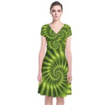 Glossy Lime Green Spiral Fractal  Short Sleeve Front Wrap Dress