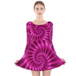 Glossy Hot Pink Fractal Spiral Long Sleeve Velvet Skater Dress