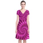 Glossy Hot Pink Fractal Spiral Short Sleeve Front Wrap Dress