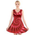 Glossy Red Spiral Fractal V-Neck Sleeveless Dress