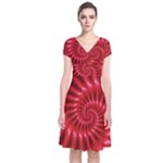 Glossy Red Spiral Fractal Short Sleeve Front Wrap Dress