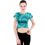 Glossy Turquoise Spiral Fractal  Crew Neck Crop Top