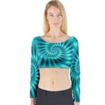 Glossy Turquoise Spiral Fractal  Long Sleeve Crop Top (Tight Fit)