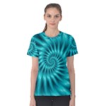 Glossy Turquoise Spiral Fractal  Women s Cotton Tee