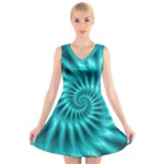 Glossy Turquoise Spiral Fractal  V-Neck Sleeveless Dress