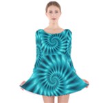 Glossy Turquoise Spiral Fractal  Long Sleeve Velvet Skater Dress