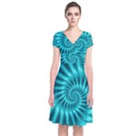 Glossy Turquoise Spiral Fractal  Short Sleeve Front Wrap Dress