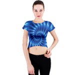 Glossy Electric Blue Spiral Fractal  Crew Neck Crop Top