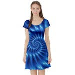 Glossy Electric Blue Spiral Fractal  Short Sleeve Skater Dress