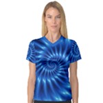 Glossy Electric Blue Spiral Fractal  Women s V-Neck Sport Mesh Tee