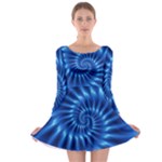 Glossy Electric Blue Spiral Fractal  Long Sleeve Skater Dress