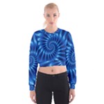 Glossy Electric Blue Spiral Fractal  Women s Cropped Sweatshirt