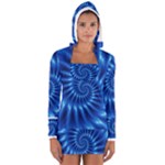 Glossy Electric Blue Spiral Fractal  Women s Long Sleeve Hooded T-shirt