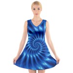 Glossy Electric Blue Spiral Fractal  V-Neck Sleeveless Dress