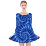 Glossy Electric Blue Spiral Fractal  Long Sleeve Velvet Skater Dress