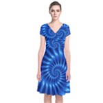 Glossy Electric Blue Spiral Fractal  Short Sleeve Front Wrap Dress