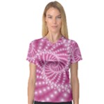 Glossy Pastel Pink Beaded Spiral Fractal  Women s V-Neck Sport Mesh Tee