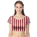 Vertical Stripes - White and Dark Red Short Sleeve Crop Top (Tight Fit)