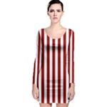 Vertical Stripes - White and Dark Red Long Sleeve Bodycon Dress