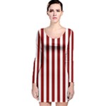 Vertical Stripes - White and Dark Red Long Sleeve Velvet Bodycon Dress