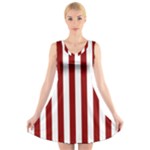 Vertical Stripes - White and Dark Red V-Neck Sleeveless Dress