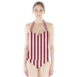 Vertical Stripes - White and Dark Red Women s Halter One Piece Swimsuit