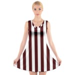 Vertical Stripes - White and Bulgarian Rose Red V-Neck Sleeveless Dress