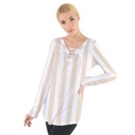 Vertical Stripes - White and Almond Brown Women s Tie Up Tee