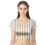 Vertical Stripes - White and Tan Brown Short Sleeve Crop Top (Tight Fit)