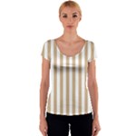 Vertical Stripes - White and Tan Brown Women s V-Neck Cap Sleeve Top