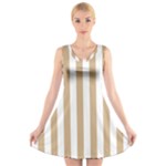 Vertical Stripes - White and Tan Brown V-Neck Sleeveless Dress