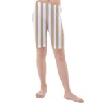 Vertical Stripes - White and Tan Brown Kid s Mid Length Swim Shorts