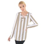 Vertical Stripes - White and Khaki Brown Women s Tie Up Tee