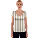 Vertical Stripes - White and Khaki Brown Women s V-Neck Cap Sleeve Top