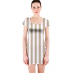 Vertical Stripes - White and Khaki Brown Short Sleeve Bodycon Dress