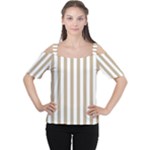 Vertical Stripes - White and Khaki Brown Women s Cutout Shoulder Tee