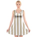 Vertical Stripes - White and Khaki Brown V-Neck Sleeveless Dress